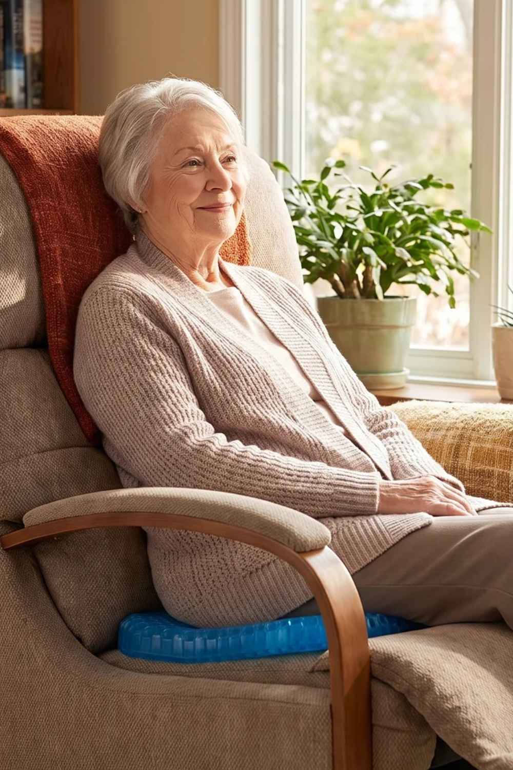 Caregiver helping elderly parent sit comfortably