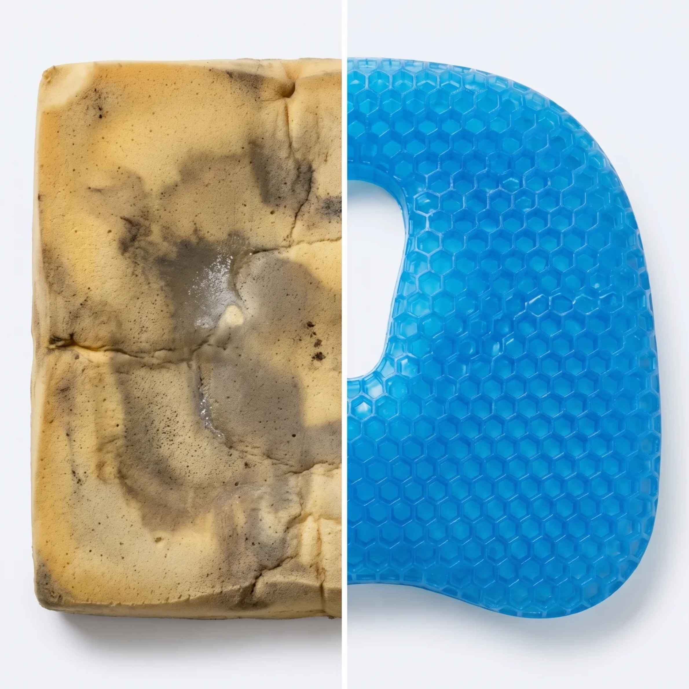 Foam cushion flattened versus AeroCore gel bouncing back