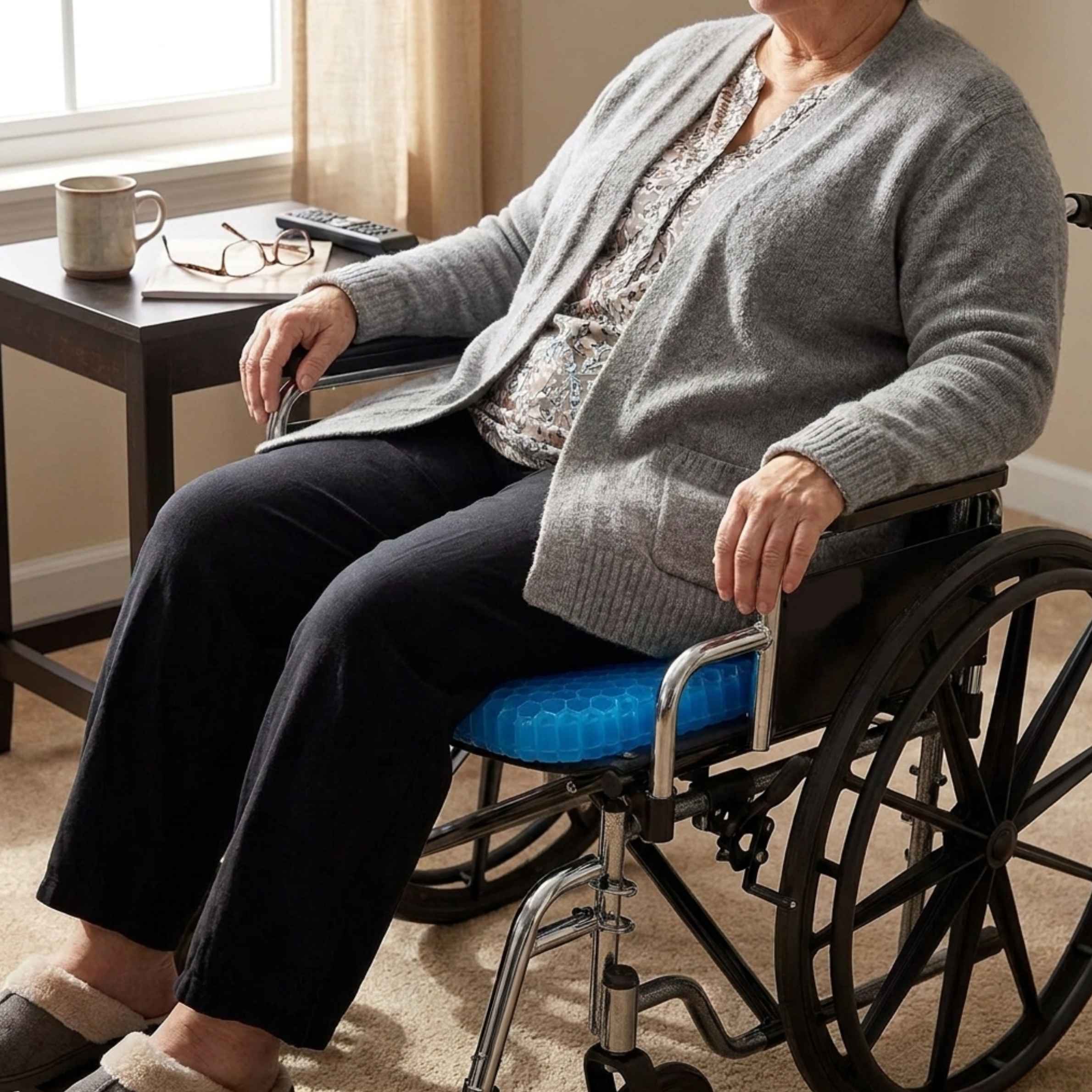 Elderly person sitting comfortably on AeroCore Gel Cushion